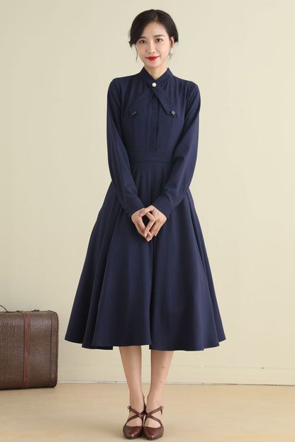 Blue Linen Swing Dress - 1950s Fit & Flare Long Sleeve | Xiaolizi 2791