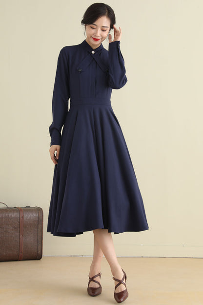 Blue Linen Swing Dress - 1950s Fit & Flare Long Sleeve | Xiaolizi 2791