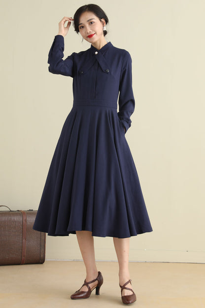 Blue Linen Swing Dress - 1950s Fit & Flare Long Sleeve | Xiaolizi 2791