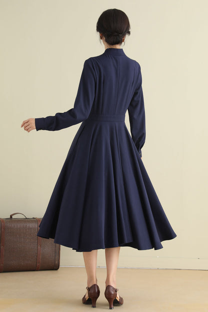 Blue Linen Swing Dress - 1950s Fit & Flare Long Sleeve | Xiaolizi 2791