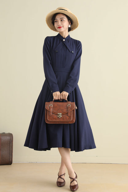 Blue Linen Swing Dress - 1950s Fit & Flare Long Sleeve | Xiaolizi 2791