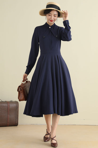 Blue Linen Swing Dress - 1950s Fit & Flare Long Sleeve | Xiaolizi 2791