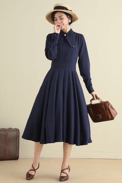 Blue Linen Swing Dress - 1950s Fit & Flare Long Sleeve | Xiaolizi 2791