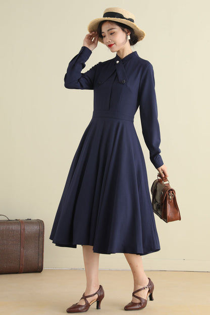 Blue Linen Swing Dress - 1950s Fit & Flare Long Sleeve | Xiaolizi 2791