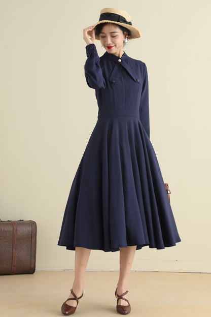 Blue Linen Swing Dress - 1950s Fit & Flare Long Sleeve | Xiaolizi 2791
