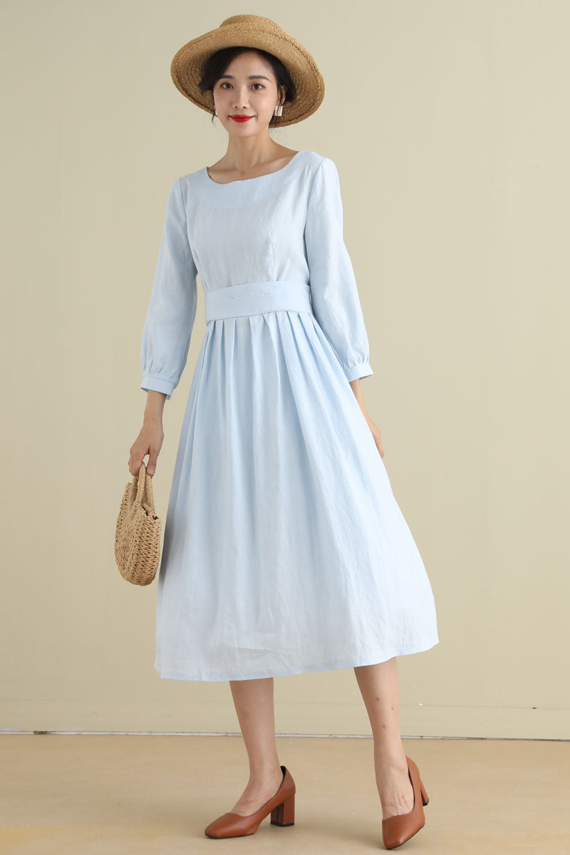 Blue A Line pleated Linen Cottagecore Dress 279201