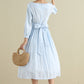 Blue A Line pleated Linen Cottagecore Dress  279201