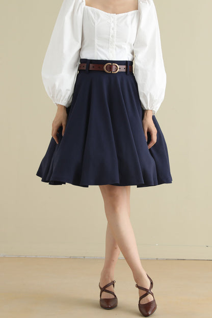 Navy Blue Linen Circle Skirt – Vintage 50s High Waist Skater Skirt with Pockets 2793