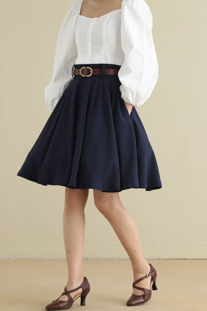 Navy Blue Linen Circle Skirt – Vintage 50s High Waist Skater Skirt with Pockets 2793
