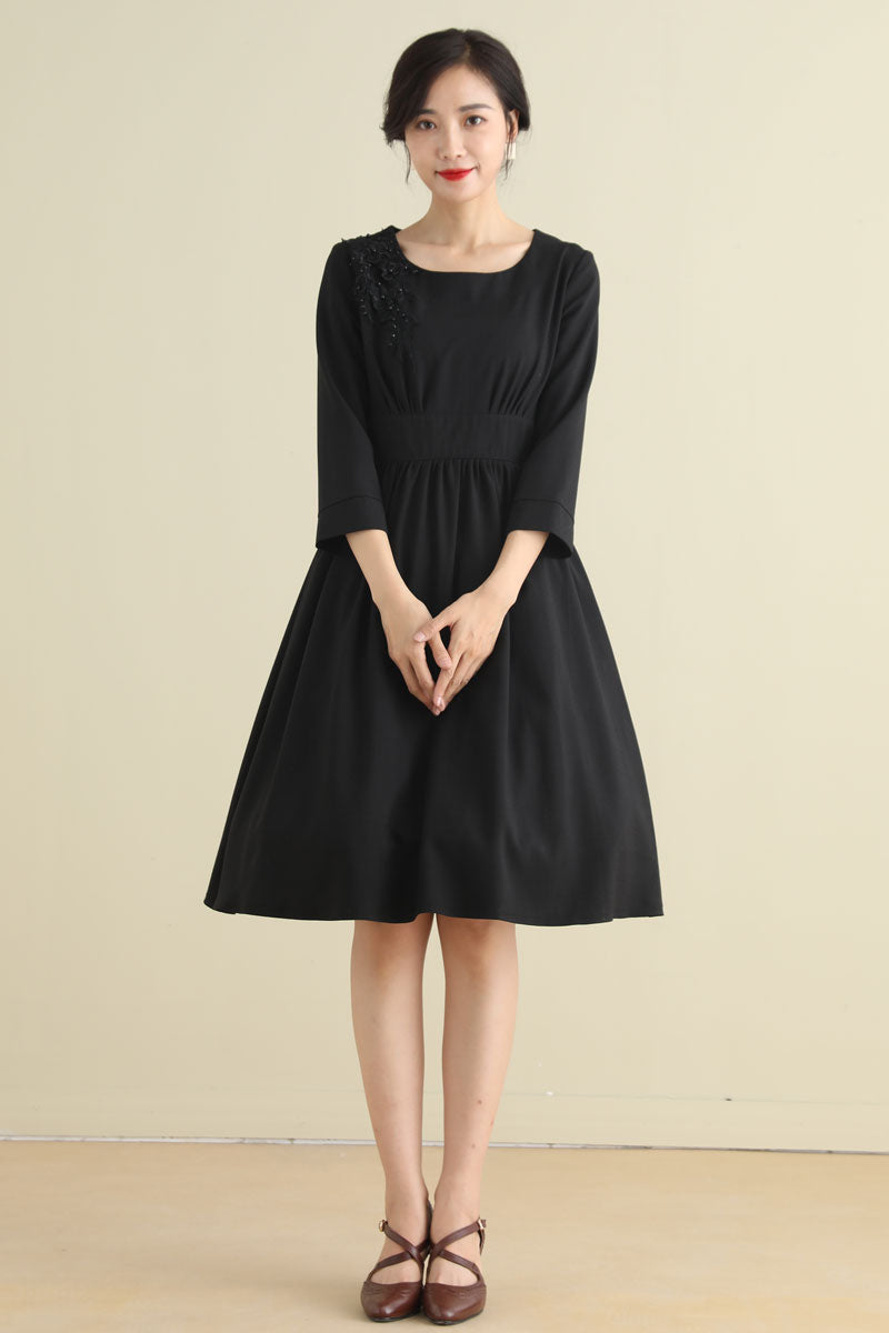 Vintage Inspired Black A Line Midi Dress with pockets 279401