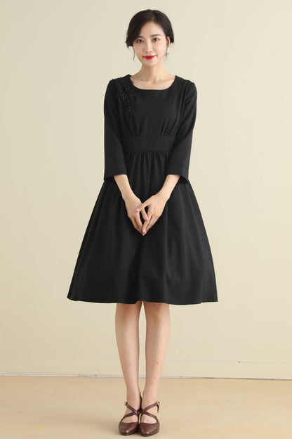 Black Linen Cotton A-Line Midi Dress - Pleated Waist with Embellishment 2794