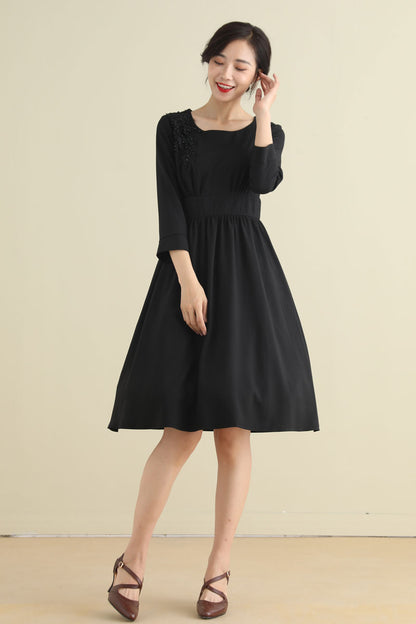 Black Linen Cotton A-Line Midi Dress - Pleated Waist with Embellishment 2794
