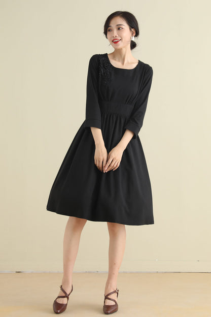 Black Linen Cotton A-Line Midi Dress - Pleated Waist with Embellishment 2794