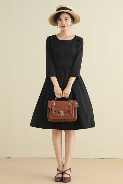 Black Linen Cotton A-Line Midi Dress - Pleated Waist with Embellishment 2794