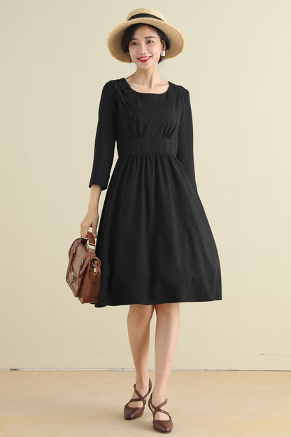 Black Linen Cotton A-Line Midi Dress - Pleated Waist with Embellishment 2794