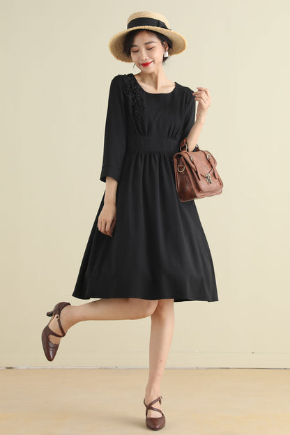 Black Linen Cotton A-Line Midi Dress - Pleated Waist with Embellishment 2794