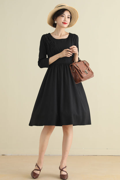 Black Linen Cotton A-Line Midi Dress - Pleated Waist with Embellishment 2794