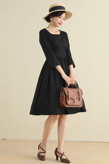 Black Linen Cotton A-Line Midi Dress - Pleated Waist with Embellishment 2794