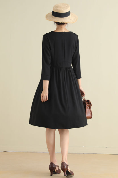 Black Linen Cotton A-Line Midi Dress - Pleated Waist with Embellishment 2794
