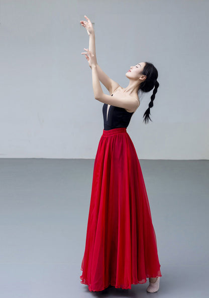 Red Chiffon Reversible Maxi Skirt - Big Swing, Elastic Waistband 2927
