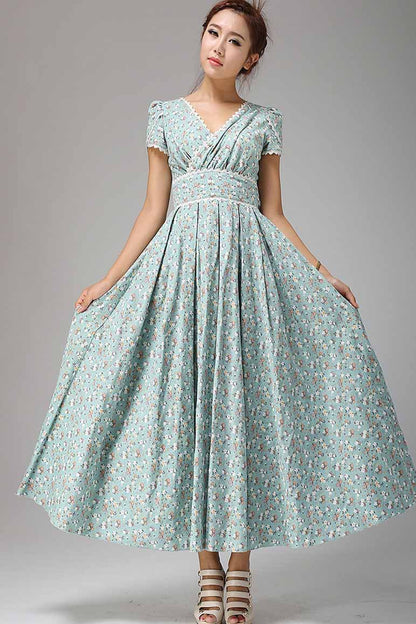 Vintage Floral Linen Cotton Maxi Dress – Women’s 1950s Inspired Prom & Bridesmaid Dress 0665