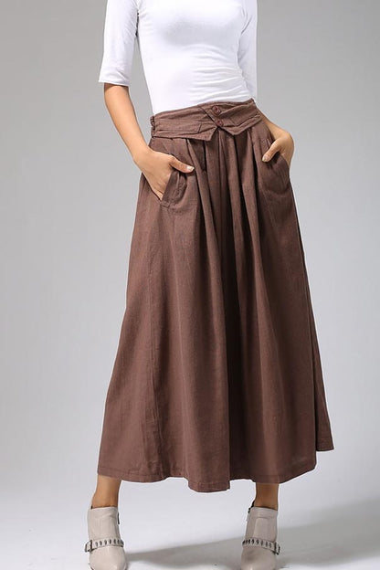 women's maxi Linen skirt with pleated waist detail 0690#