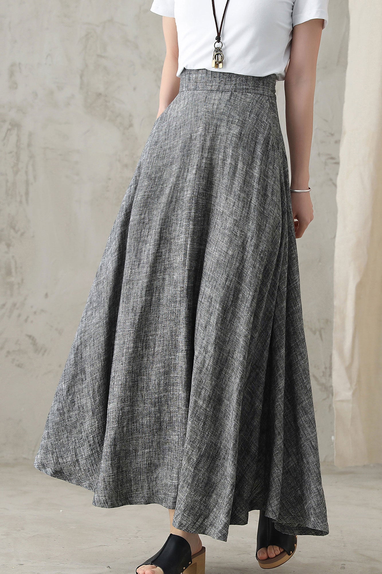 Gray A-Line Maxi Linen Skirt For Women 2822