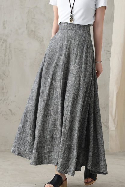Gray Linen A-Line Maxi Skirt - Elastic Waist with Side Pockets 2822