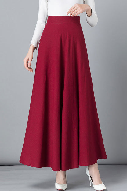 Red Linen Cotton Maxi Skirt - High Waist A-Line with Pockets 2542