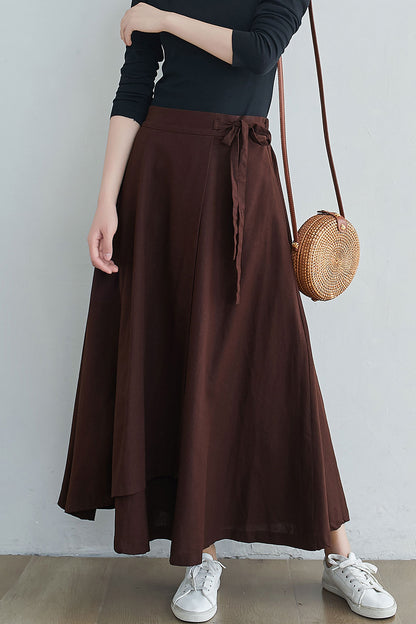 Brown Linen Blend Long Wrap Skirt - Asymmetrical, Elastic Waist 2553