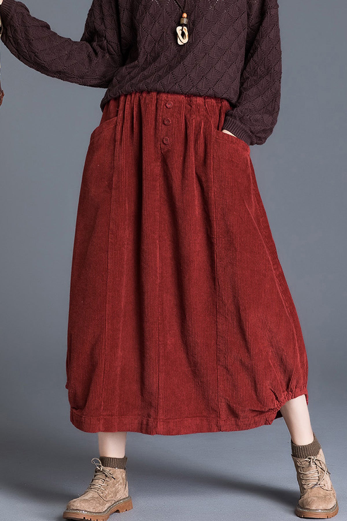 Women's Vintage Inspired Corduroy Pleated Midi Skirt 2600#
