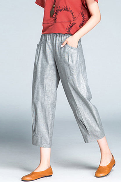 Gray Linen Cotton Casual Pants - Elastic Waist, Above Ankle Fit 2602
