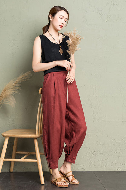 Rust Red Linen Cotton Wide Leg Pants - Back Elastic Waist Comfort 2607