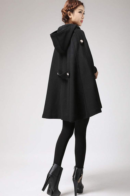 Women Black Hooded Wool Cape Coat 0698