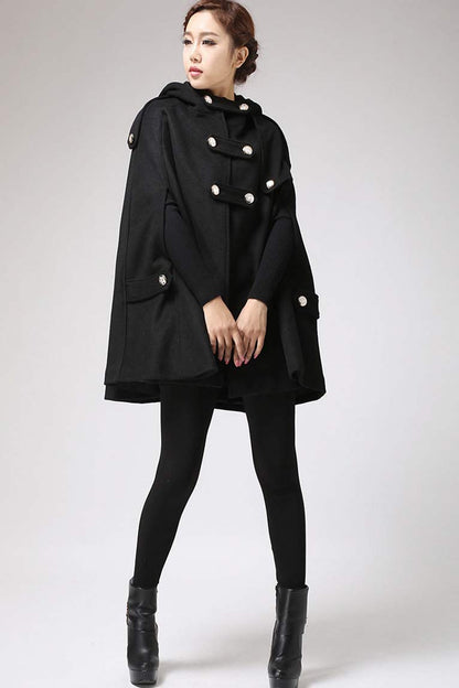 Black Hooded Wool Poncho Coat – Elegant Military Style Cape | Xiaolizi 0698