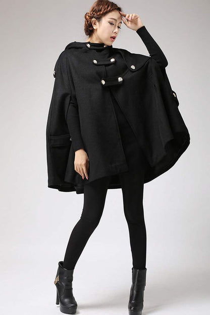 Black Hooded Wool Poncho Coat – Elegant Military Style Cape | Xiaolizi 0698
