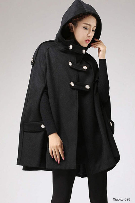 Women Black Hooded Wool Cape Coat 0698