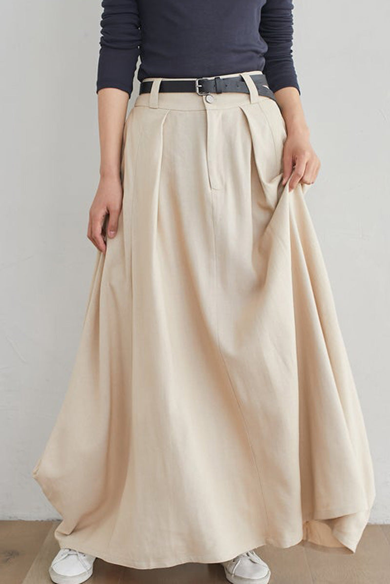 Beige Women Maxi Linen Skirt 254601#