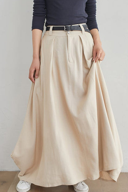 Beige Linen Cotton Maxi Skirt – Handmade A-Line Skirt with Pockets | Xiaolizi 2546