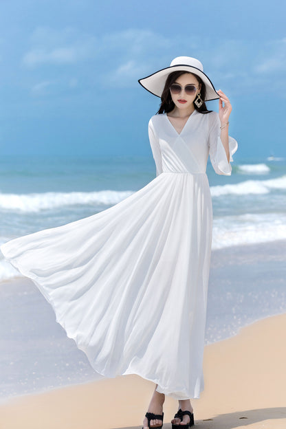V Neck Maxi Swing Chiffon Wrap Dress 2853