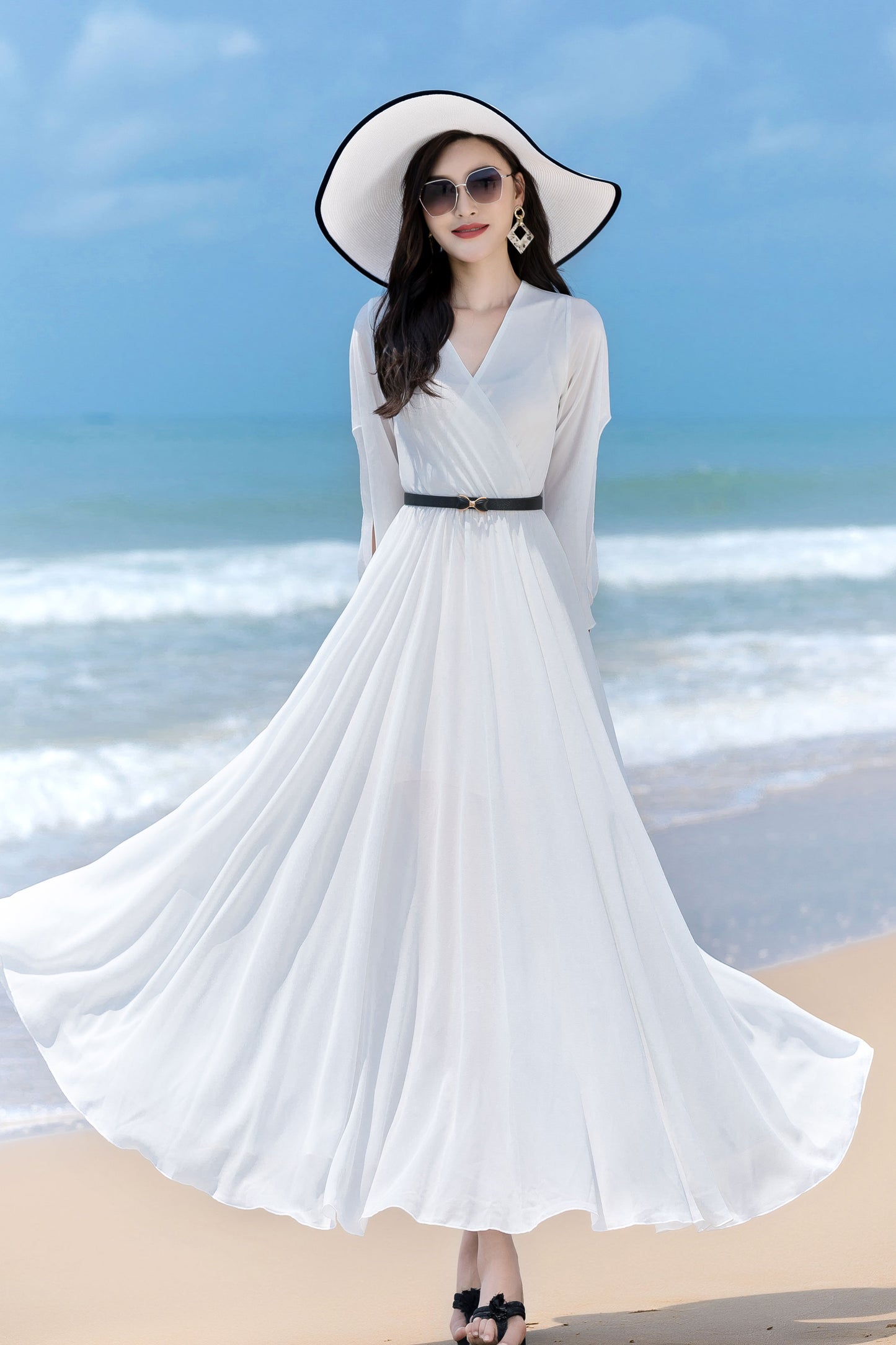 V Neck Maxi Swing Chiffon Wrap Dress 2853