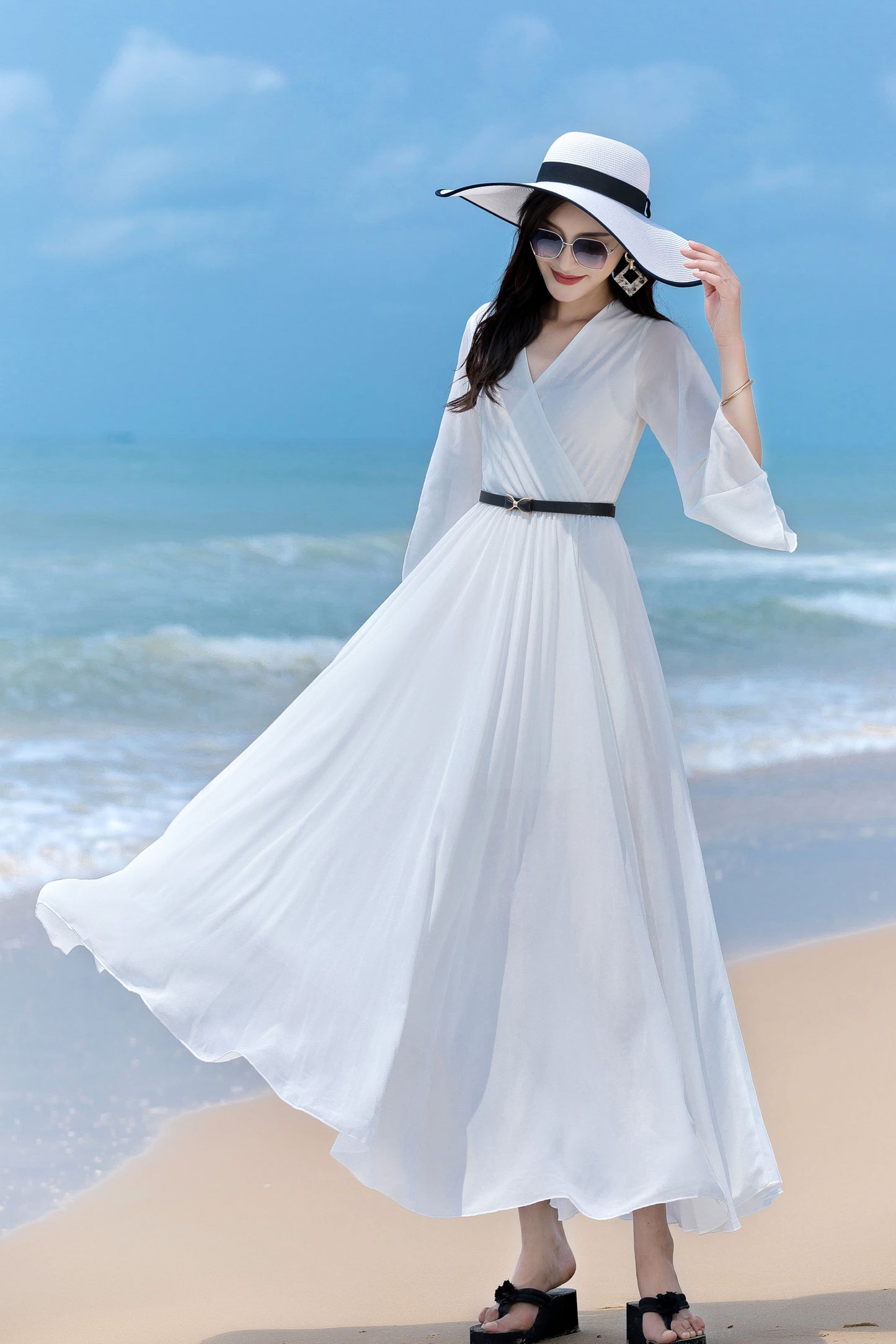 V Neck Maxi Swing Chiffon Wrap Dress 2853