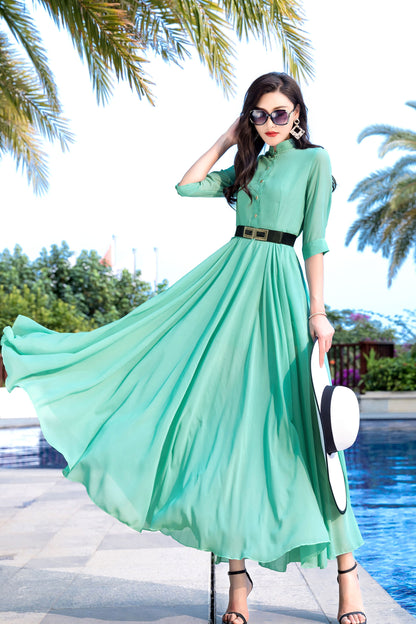 Eco-Friendly Handmade Chiffon Maxi Dress – Elegant Summer Green | Xiaolizi 2854