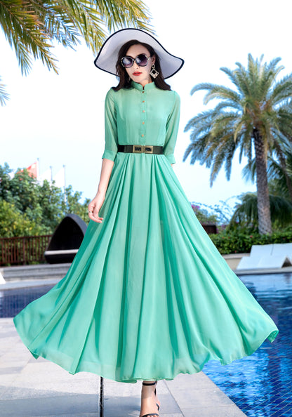 Eco-Friendly Handmade Chiffon Maxi Dress – Elegant Summer Green | Xiaolizi 2854