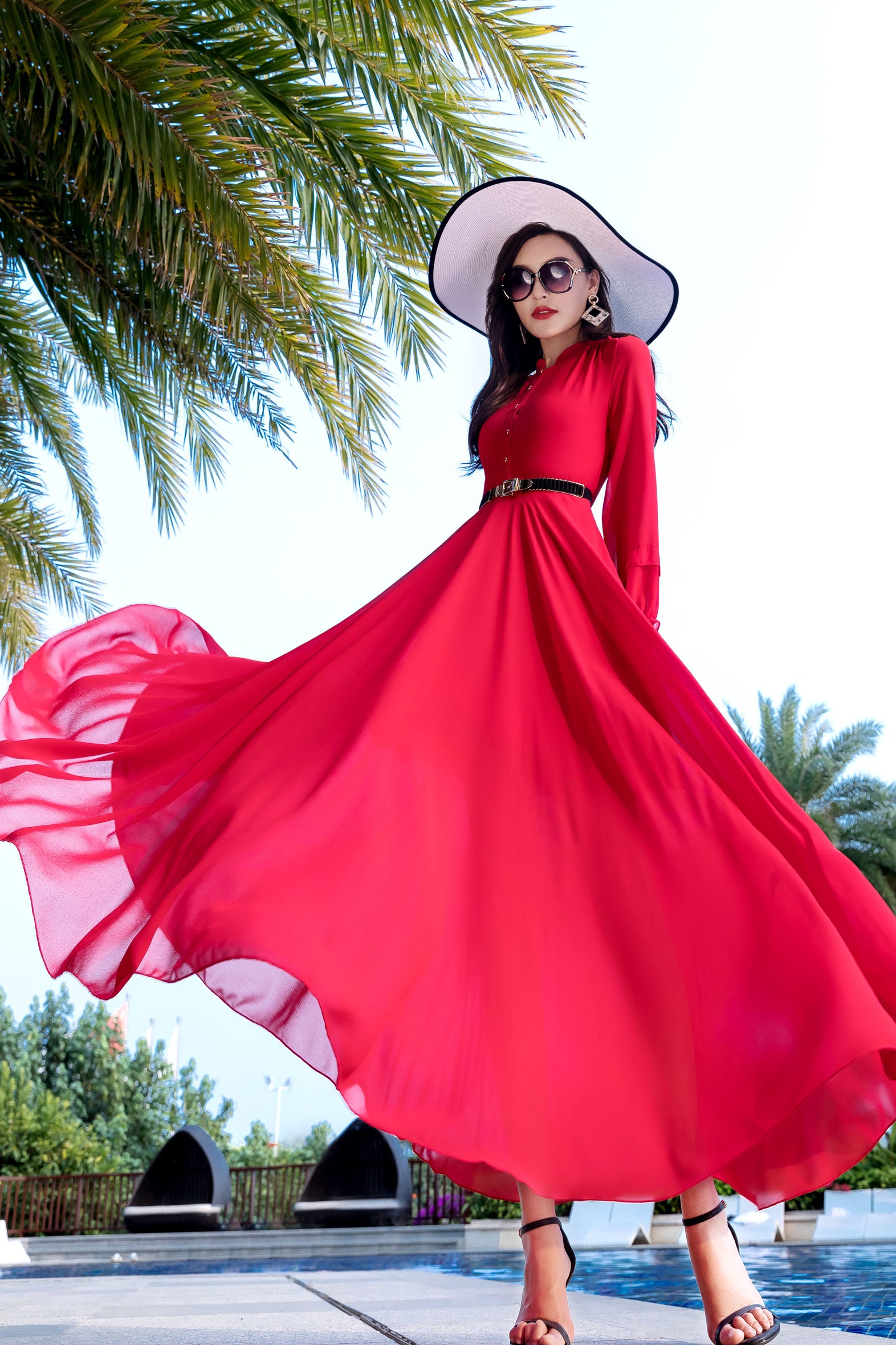 Red Chiffon Maxi Dress - Long Sleeve Flowing Swing 2855