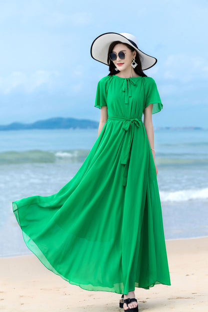 Green Chiffon Maxi Dress - Short Sleeve, Scoop Neck, Flowy Silhouette 2856