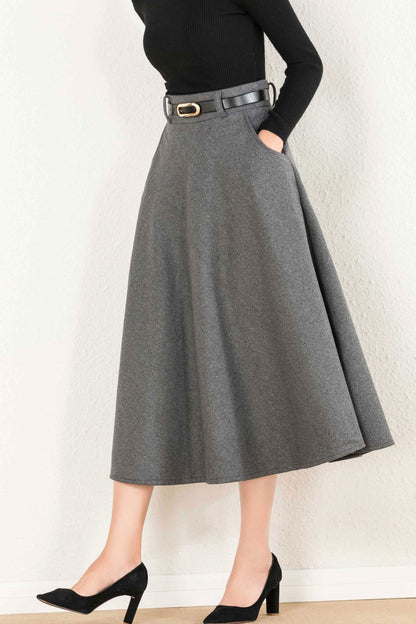 Navy Wool A-Line Maxi Skirt - Side Pockets, Zipper Closure 5234