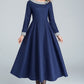 Vintage Wool Maxi Dress in Navy Blue – Gray Collar Detail – 1611