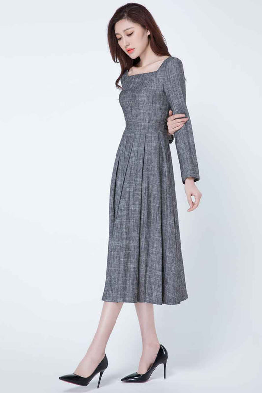 Fit and flare linen maxi dress 1718#