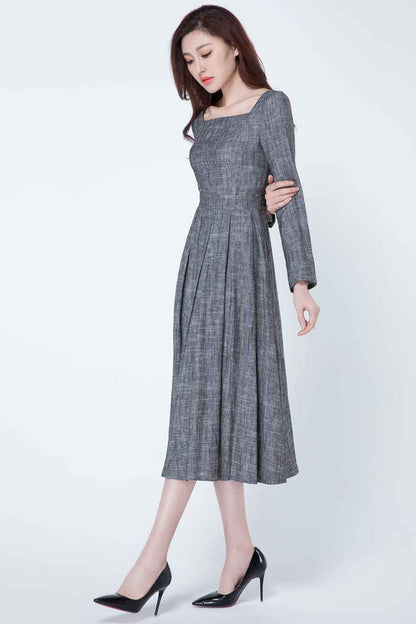 Grey Linen Blend Fit and Flare Midi Dress - Square Neckline, Pleated Waist 1718